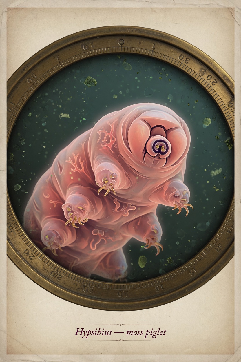 Microscope-bezel poster of a coral tardigrade